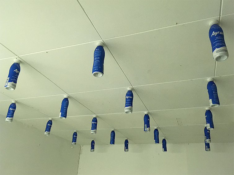 Installation mit blauen Ayran-Flaschen im BiB-Lab Grätzl-Labor