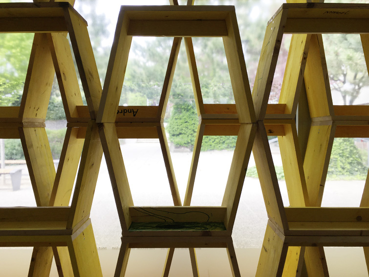 Wabenförmige Rauminstallation mit Hockern aus gelben Schaltafeln im Schaufenster des Grätzl-Labors