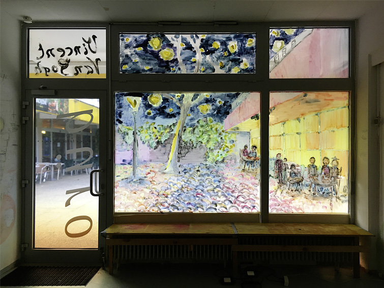 Malerei auf dem Schaufenster des BiB-Lab Grätzl-Labor im Stil von Vincent van Gogh