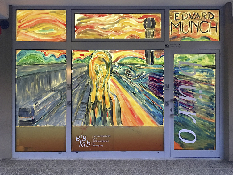 Malerei auf dem Schaufenster des BiB-Lab Grätzl-Labor im Stil von Edvard Munch