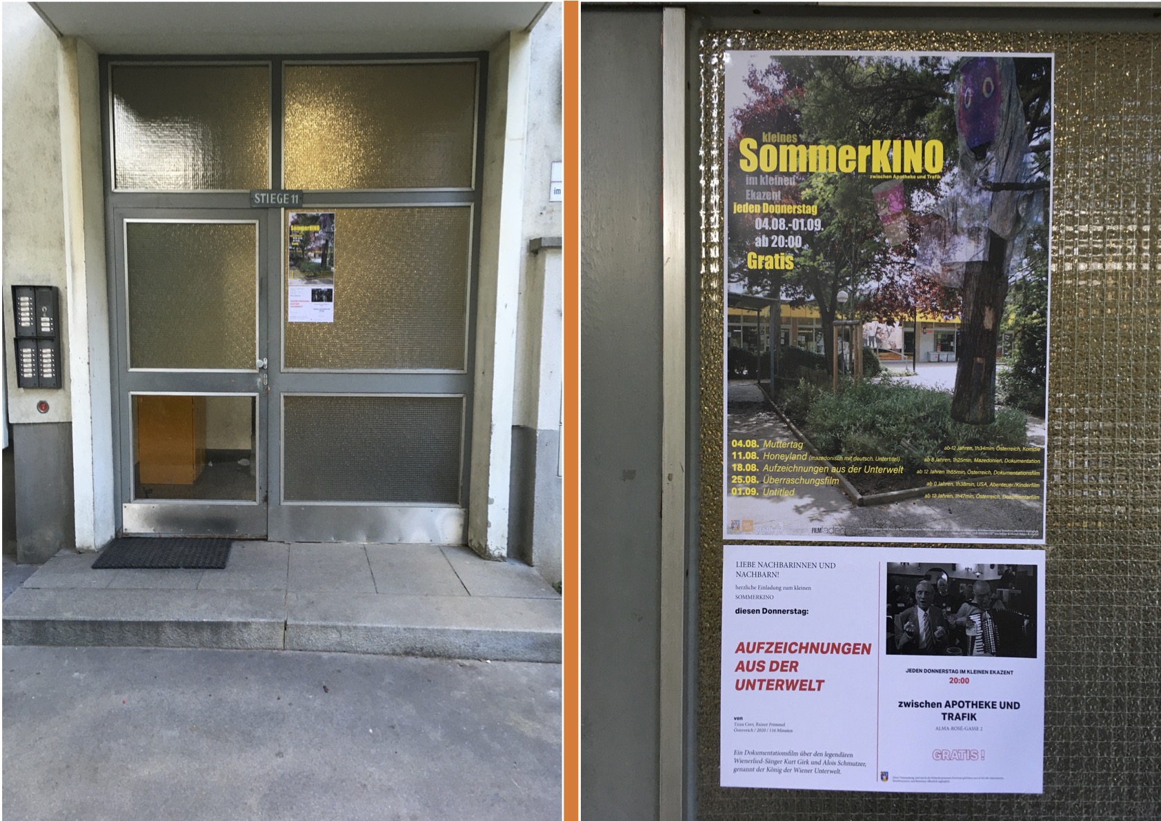 Ein Eingang zu einem Mehrparteienhaus. Auf der Glastüre hängt eine Info mit einer Einladung zum Sommerkino.