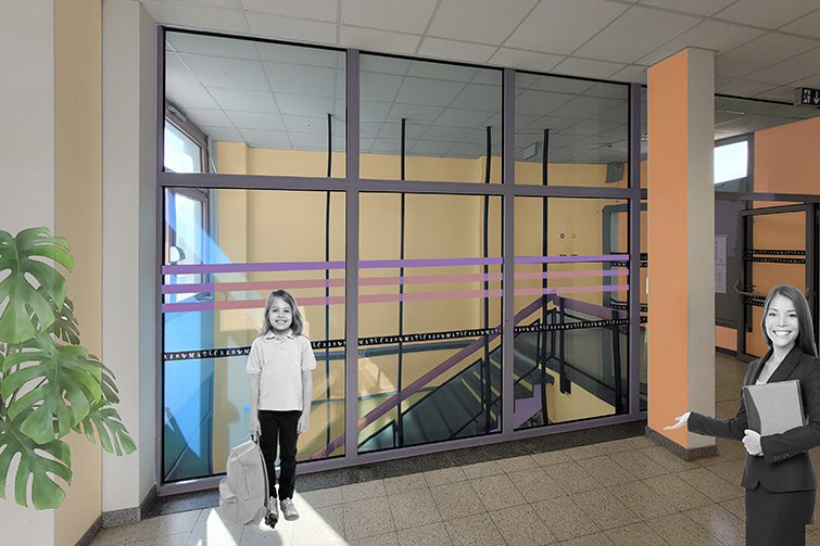 Fotomontage des Treppenhauses der Sportmittelschule SMS 10 im Projekt "GOLDEN HOUR" von Omar Sair El Din und Florian Wegmann
