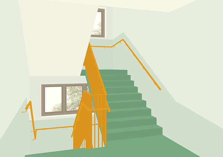 Rendering des Treppenhauses der Volksschule WENDI im Projekt "ORT DER VORFREUDE " von Leonie Preiss und Lea Storz
