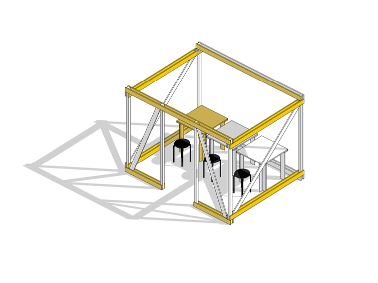 Rendering von einem Raumgerüst und drei Tischen